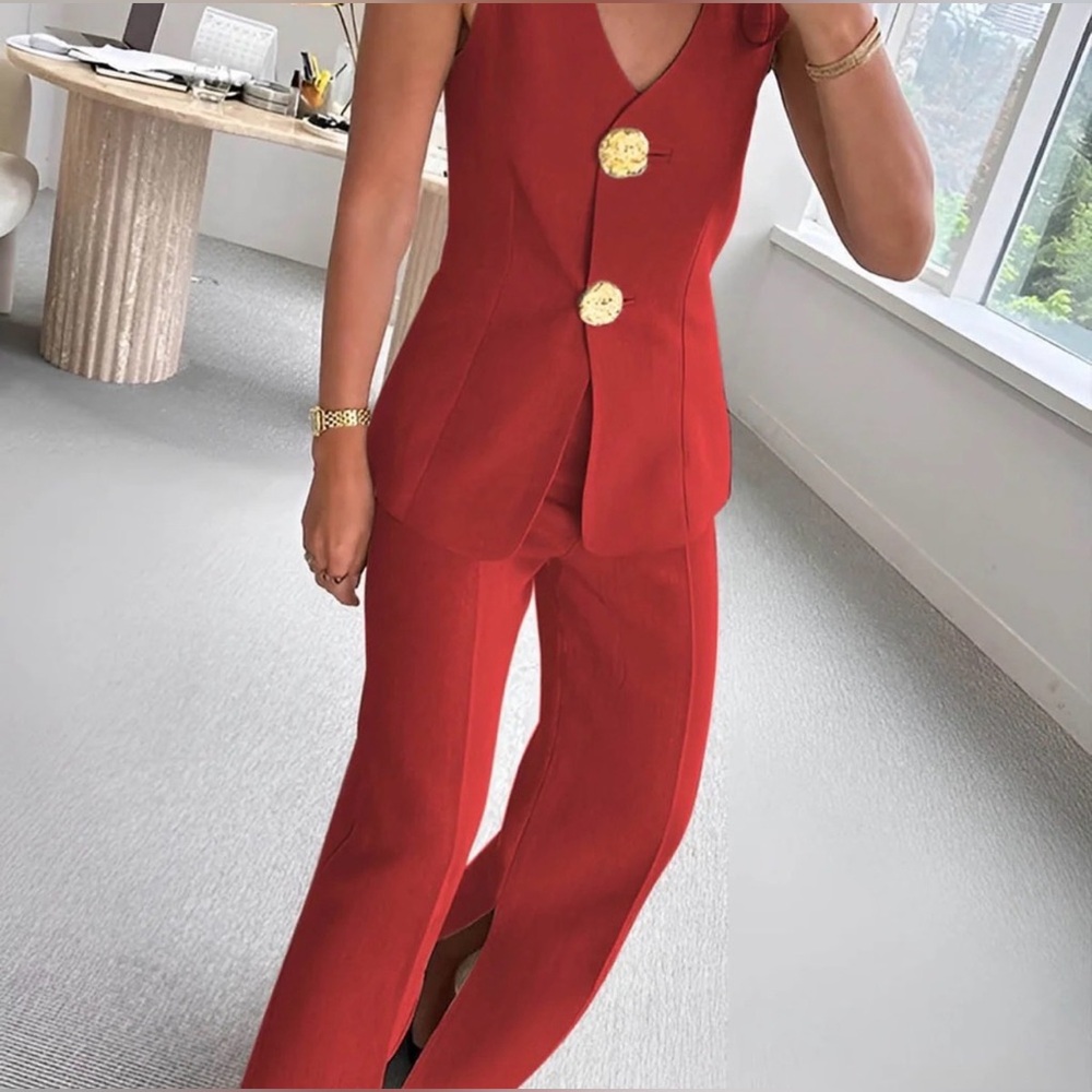 Commense Women's Red Tailored Jumpsuit with Gold Buttons